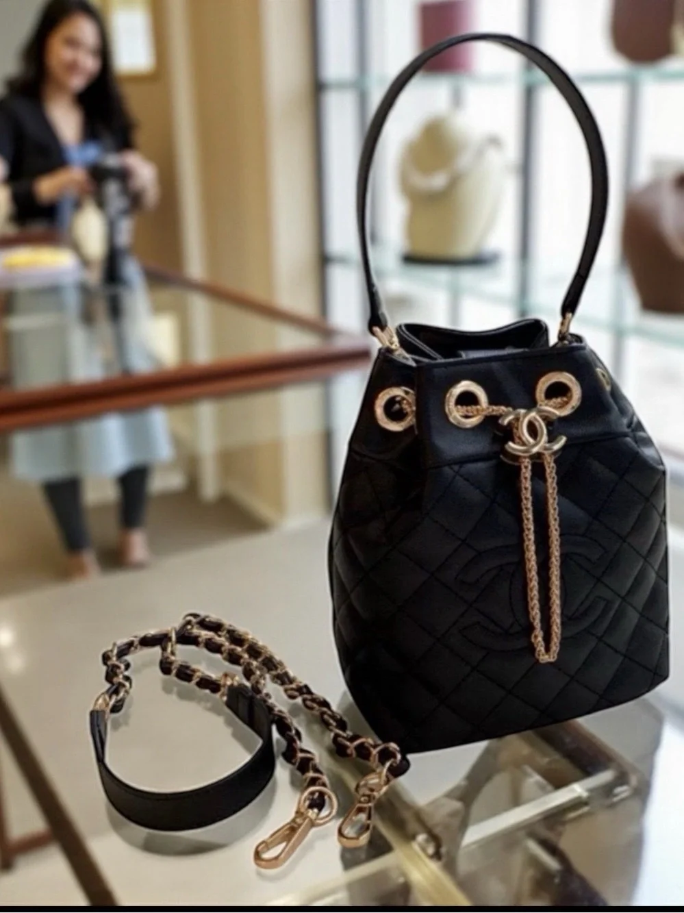 GWP CHANEL Black Quilted Drawstring Shoulder Bag with Gold Hardware